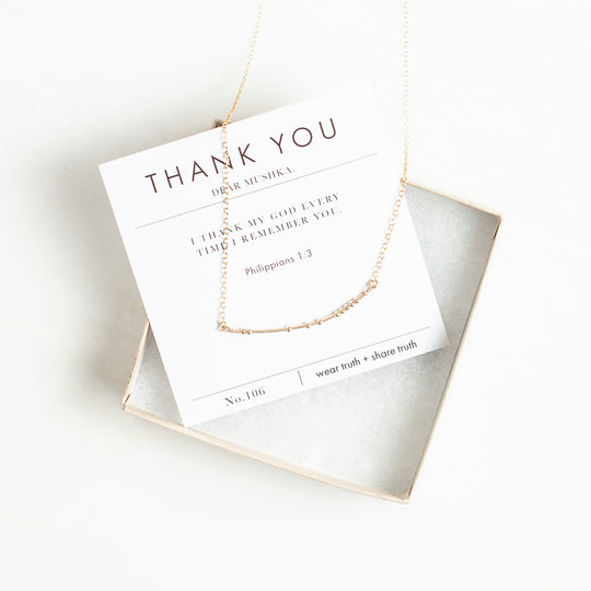 Thank You Morse code necklace in gold and verse card